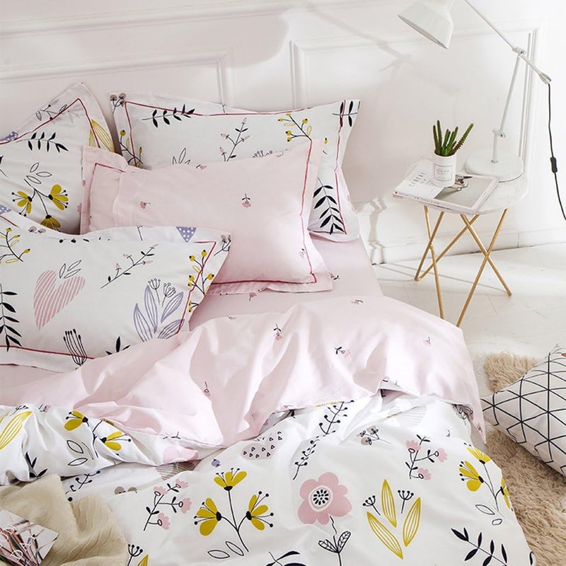 OTOB Soft Cartoon Floral Bedding Aesthetic Girls Duvet Cover Full Queen Pink Cotton Floral Comforter Cover for Toddler Women Kids Teen Bed Reversible Shabby Chic Flower Kawaii Bedding, No Comforter - Image 3